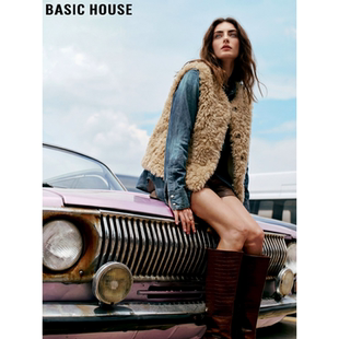 Basic House/百家好咖色毛茸茸马甲女士2026春季新款无袖环保皮草