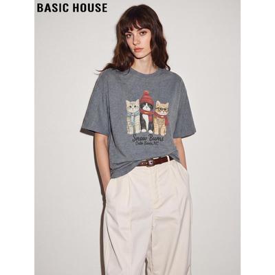 百家好灰色猫咪印花圆领短袖T恤