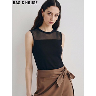 通勤风无袖 百家好黑色圆领微透露锁骨T恤女夏季 上衣 House Basic