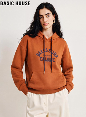Basic House/百家好橙色连帽卫衣女2026春季新款复古宽松印花上衣