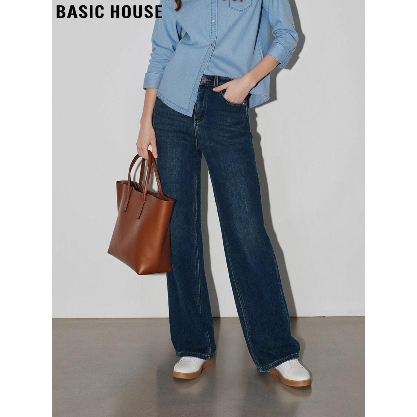 Basic House/百家好复古蓝直筒牛仔裤女士2025冬季高腰加绒阔腿裤,女装/女士精品,牛仔裤,淘宝优惠券,粉丝福利购,淘宝优惠卷