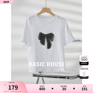 新款 百家好蝴蝶结刺绣T恤2024夏季 设计感圆领女上衣 House Basic