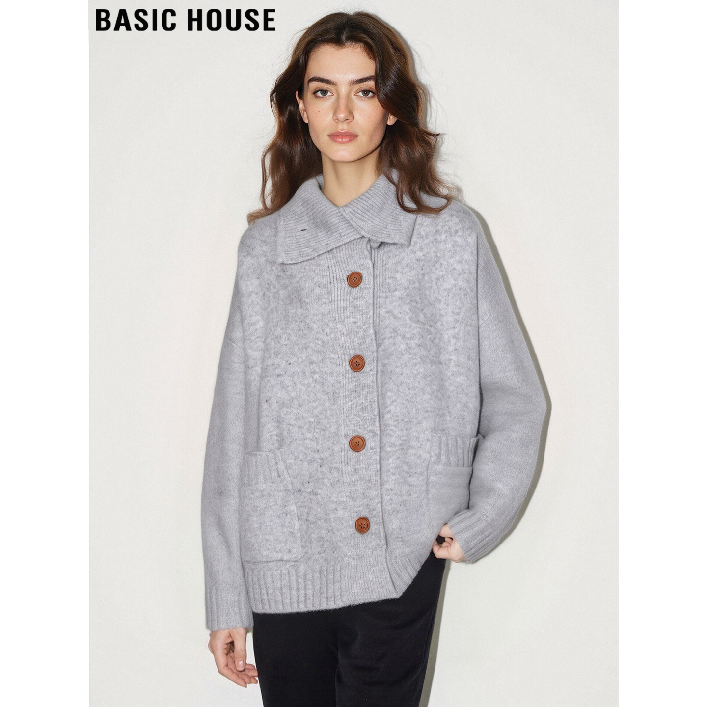 百家好慵懒翻领灰色毛衣外套女