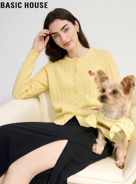 Basic House/百家好洋气刺绣针织开衫女2026春季新款黄色减龄上衣