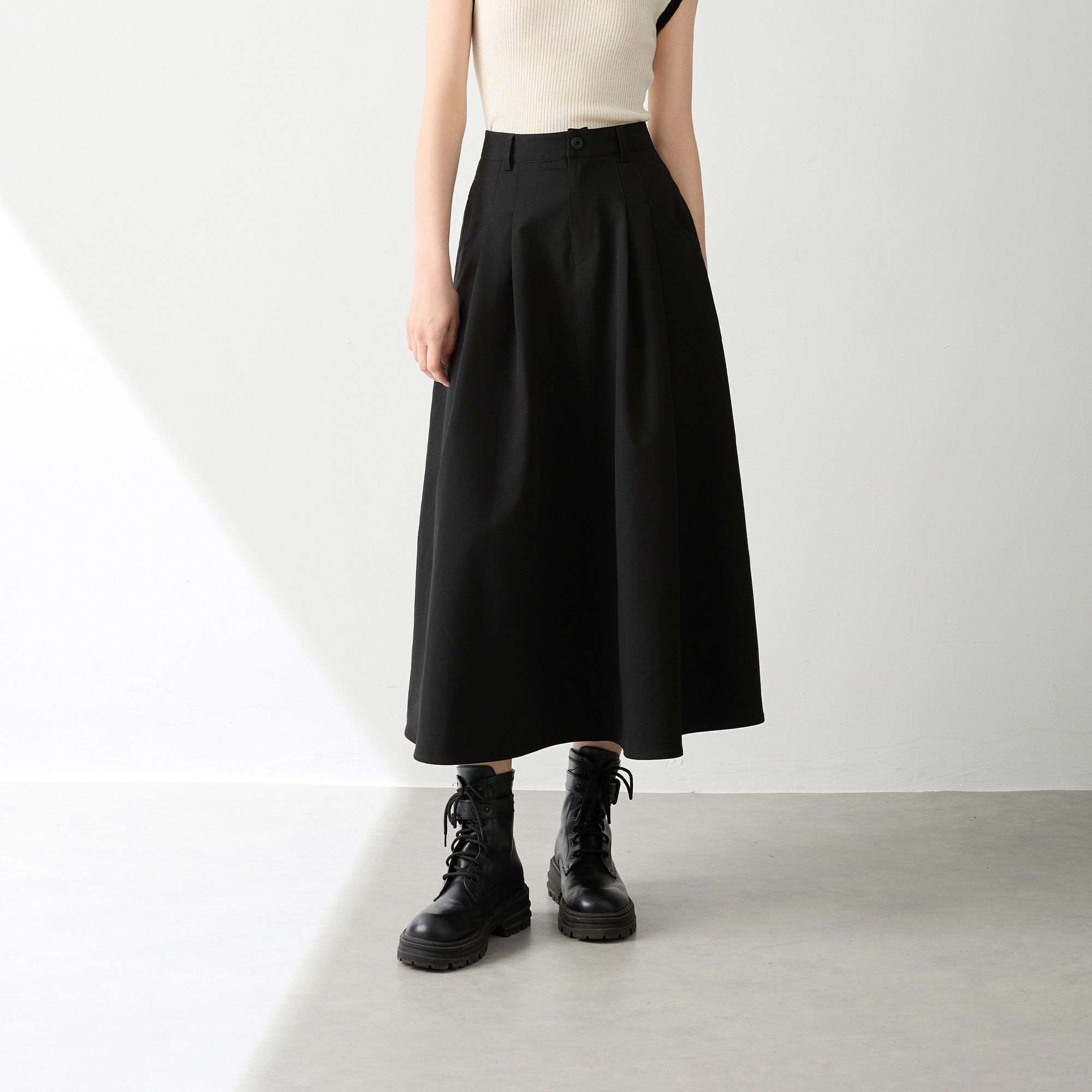 Basic House/百家好高腰显瘦半身裙女2025秋冬新款中长款大摆伞裙