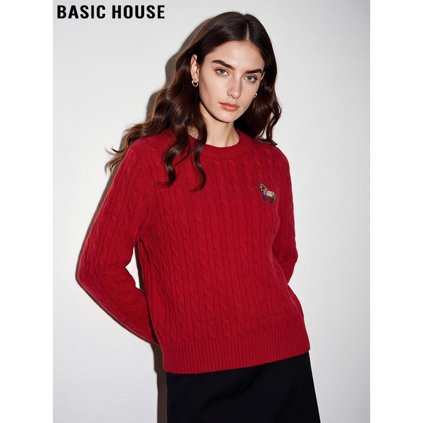 Basic House/百家好红色刺绣绞花毛衣女士春季新年战袍羊毛针织衫,女装/女士精品,毛衣,淘宝优惠券,粉丝福利购,淘宝优惠卷