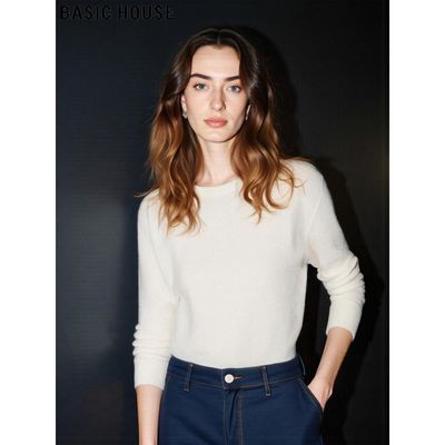 百家好白色圆领100%羊毛针织衫女