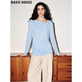 House 百家好显白褶皱设计感莱赛尔长袖 T恤女2026春季 Basic 新款