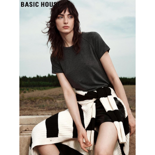 基础款 Basic 上衣女夏季 百家好深灰色宽松圆领短袖 简约T恤 House