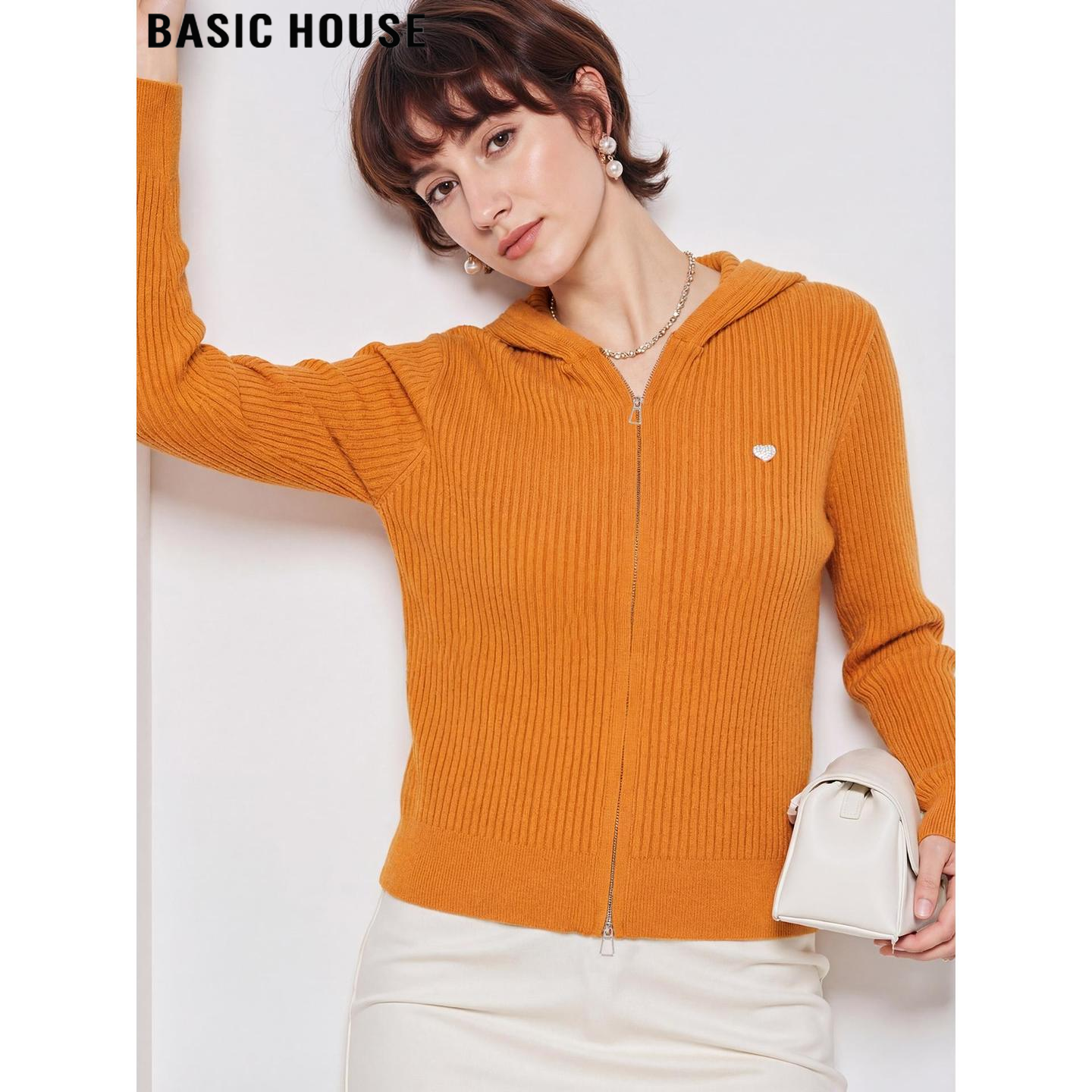 Basic House/百家好橘色坑条连帽针织开衫女2026春季新款减龄上衣,女装/女士精品,毛衣,淘宝优惠券,粉丝福利购,淘宝优惠卷