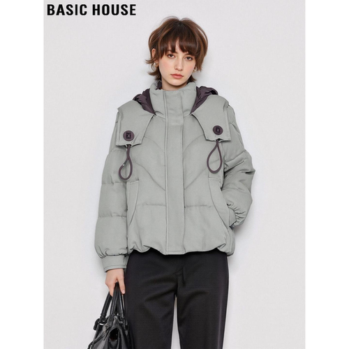 百家好高级感灰色连帽棉衣外套女