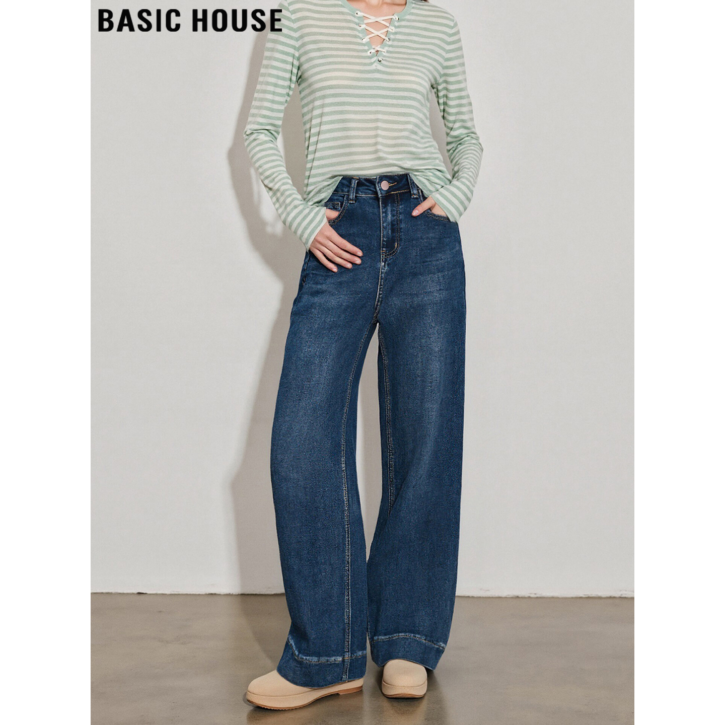 百家好复古蓝色阔腿牛仔裤女秋冬