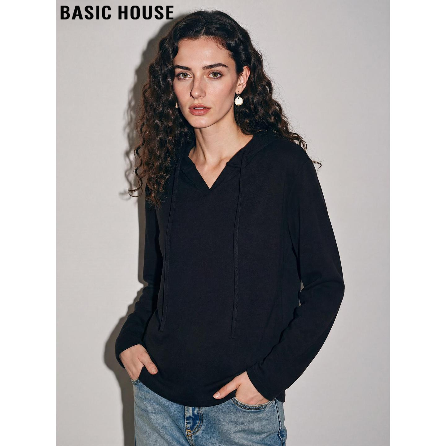 Basic House/百家好黑色连帽长袖T恤女2026春季新款时尚显瘦上衣,女装/女士精品,卫衣/绒衫,淘宝优惠券,粉丝福利购,淘宝优惠卷