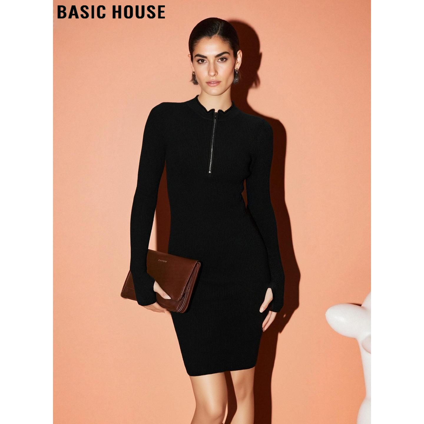 Basic House/百家好黑色半拉链连衣裙女士2026春季新款包臀打底裙,女装/女士精品,连衣裙,淘宝优惠券,粉丝福利购,淘宝优惠卷