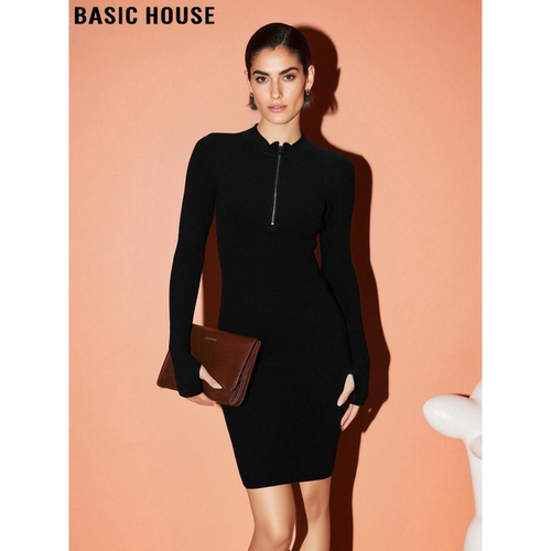 百家好黑色半拉链包臀针织连衣裙