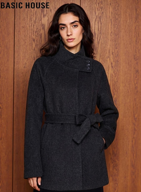 Basic House/百家好黑色系带立领毛呢外套女冬季加厚羊毛呢子大衣