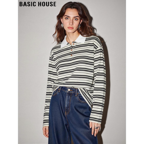 百家好条纹POLO领纯棉长袖T恤女