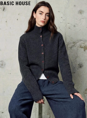 Basic House/百家好灰色高领针织开衫女冬设计感软糯羊毛毛衣外套