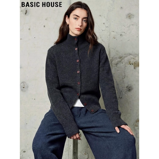 Basic House/百家好灰色高领针织开衫女冬高级感软糯羊毛毛衣外套
