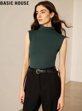 Basic House/百家好复古墨绿色高领无袖打底衫女春季内搭修身背心