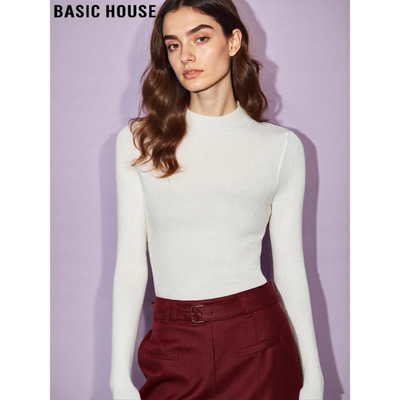 百家好白色圆领针织衫女秋冬内搭
