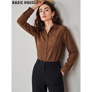 新款 Basic 女2026春季 百家好焦糖棕POLO领磨毛衬衫 叠穿衬衣 House