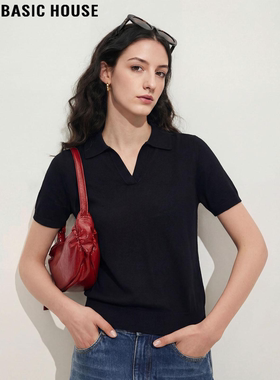 Basic House/百家好黑色翻领天丝针织短袖T恤女夏季薄款显瘦上衣