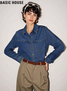 Basic House/百家好法式复古蓝色牛仔衬衫女2026春季新款叠穿外套