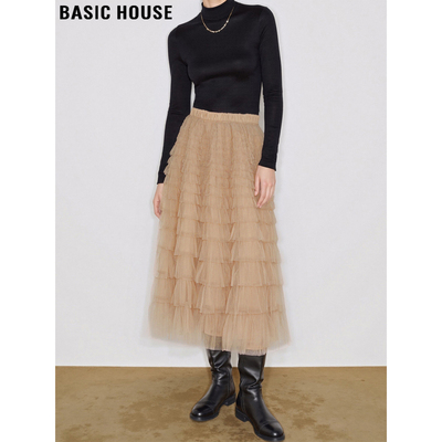 百家好杏色中长款高腰网纱半身裙