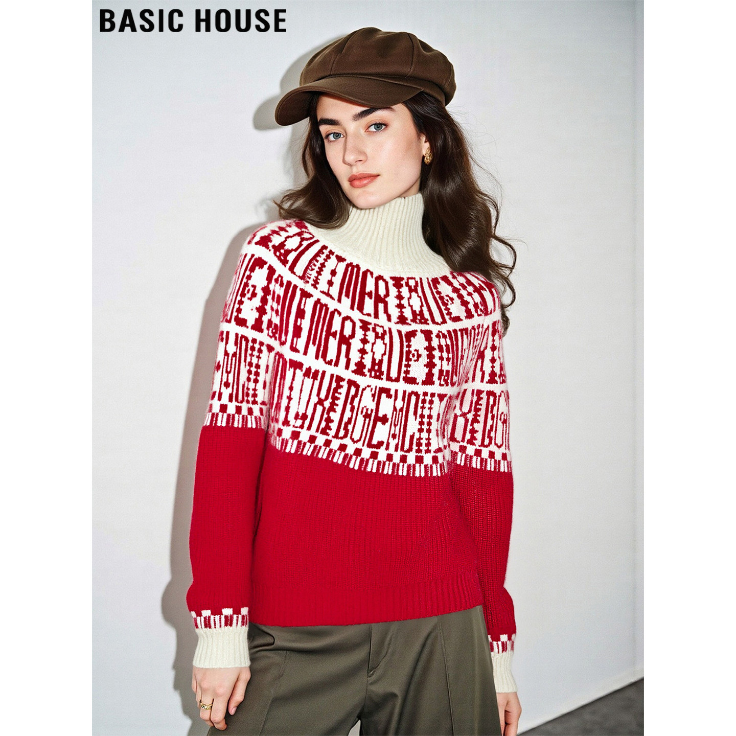 Basic House/百家好新年红提花高领羊绒针织衫女冬季加厚羊毛毛衣,女装/女士精品,羊绒衫,淘宝优惠券,粉丝福利购,淘宝优惠卷