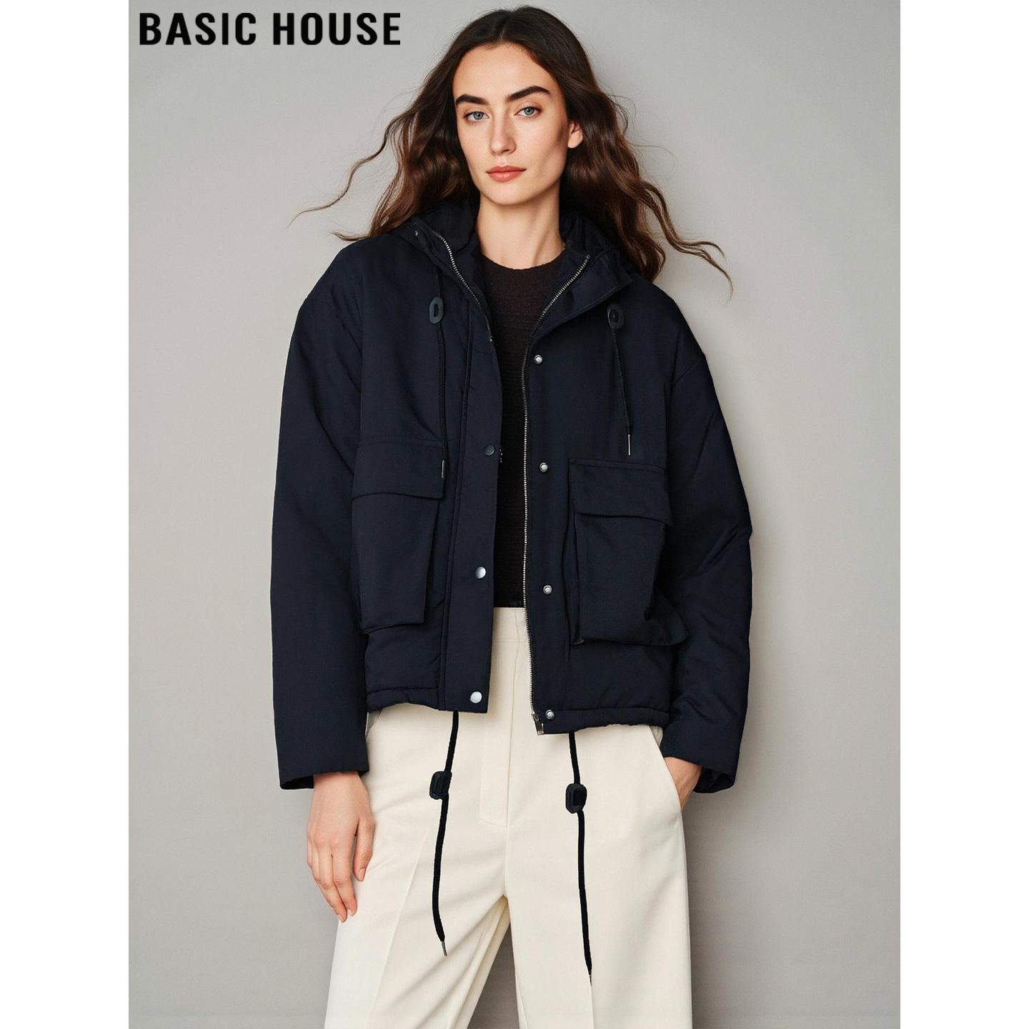 百家好黑色加厚连帽工装棉服外套