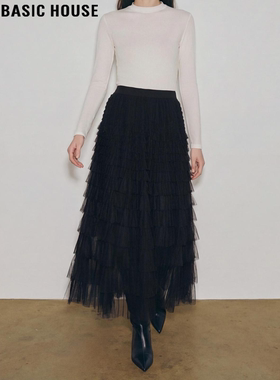 Basic House/百家好网纱蓬蓬半身裙女2026春季新款高腰A字蛋糕裙