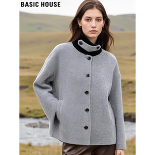 Basic House/百家好灰色翻领毛呢外套女士冬季小个子双面毛呢大衣