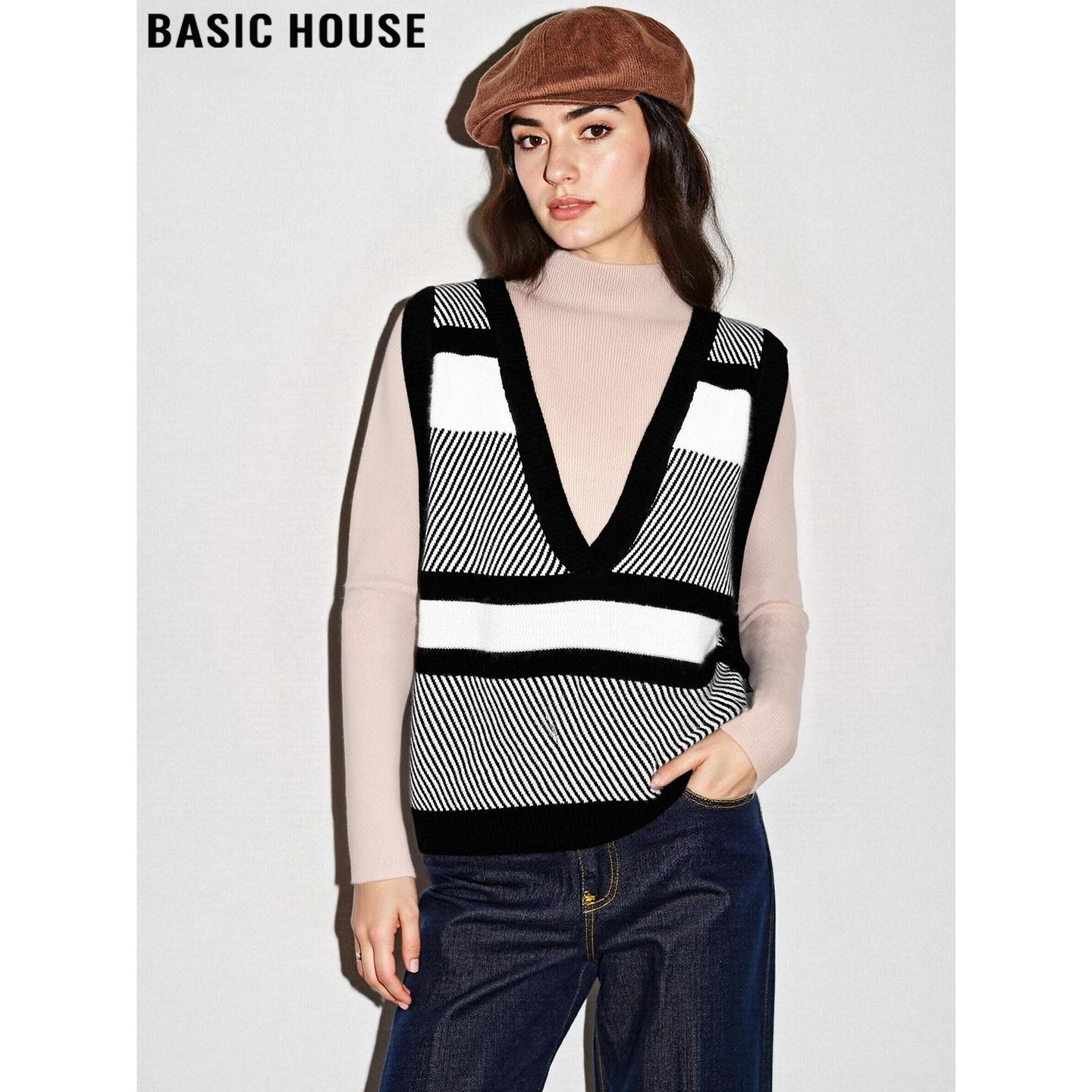 撞色羊毛针织V领马甲叠穿马夹女