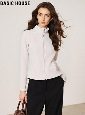Basic House/百家好杏色立领修身拉链开衫外套女秋冬保暖抓绒卫衣
