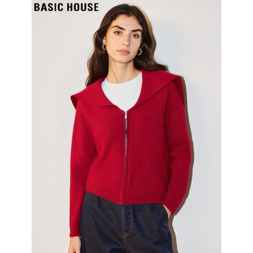 百家好圣诞红100%羊毛拉链外套女