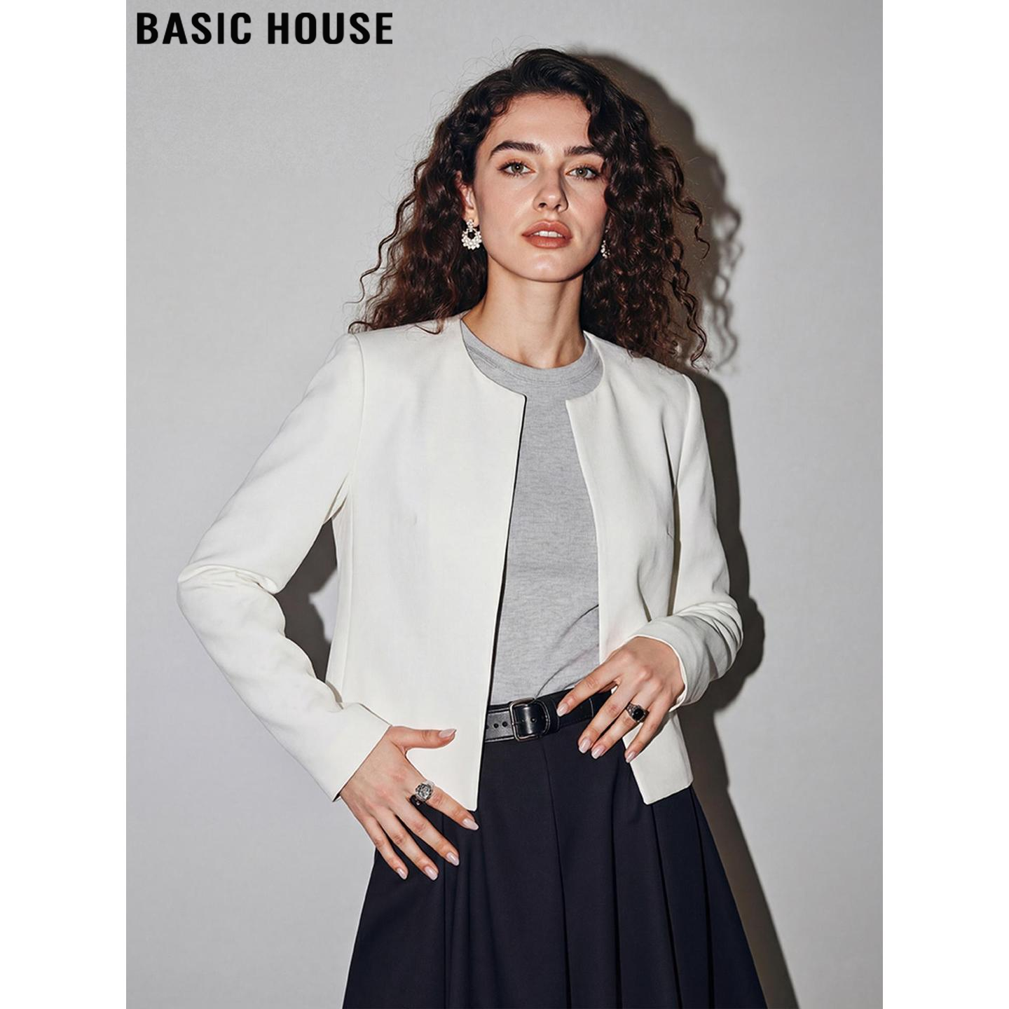 Basic House/百家好高级感白色西装外套女2026春季新款短款小西服