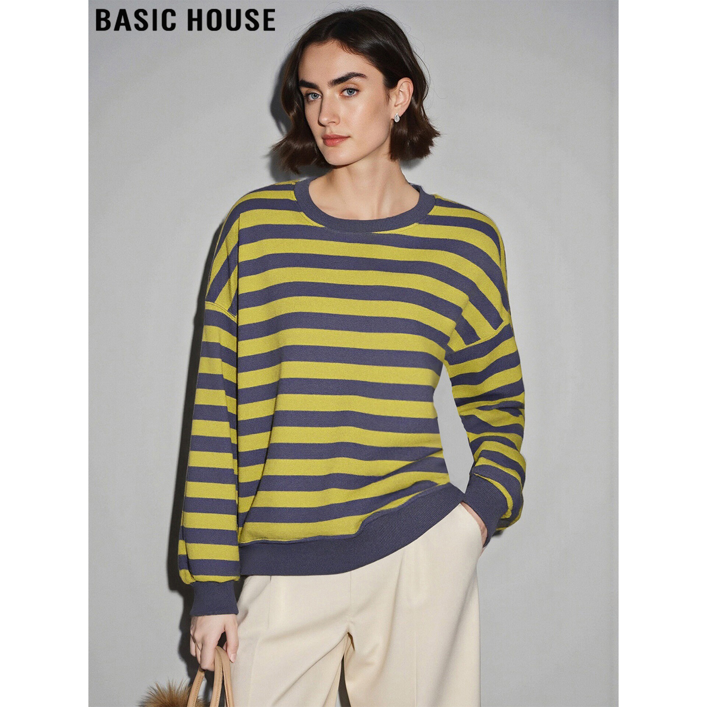 百家好复古撞色条纹圆领卫衣女