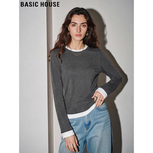 House 正肩打底衫 百家好撞色假两件长袖 新款 T恤女2026春季 Basic