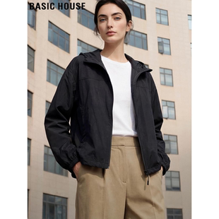 Basic House/百家好黑色连帽防晒外套女夏季薄款宽松百搭拉链开衫