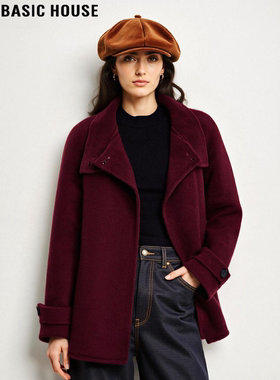 Basic House/百家好红色羊毛呢子大衣女冬高级感加厚双面毛呢外套