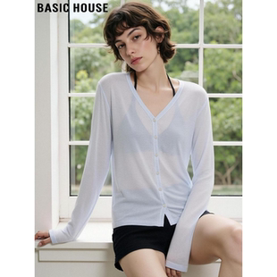 House 微透冰丝开衫 百家好蓝色V领莫代尔长袖 薄款 T恤女春季 Basic