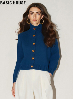 Basic House/百家好蓝色高领毛衣外套女2025秋冬新款短款针织开衫