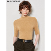 House 百家好驼色五分袖 半高领针织打底衫 Basic 女冬半袖 内搭上衣