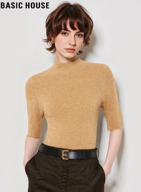 Basic House/百家好驼色五分袖半高领针织打底衫女春半袖内搭上衣