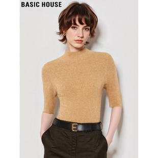 女春半袖 Basic 半高领针织打底衫 百家好驼色五分袖 内搭上衣 House