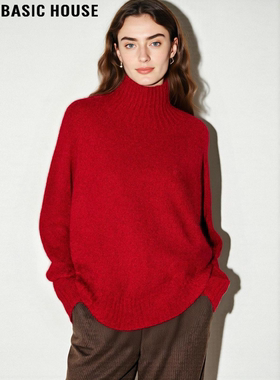 Basic House/百家好新年红高领100%羊毛针织衫女冬季加厚慵懒毛衣