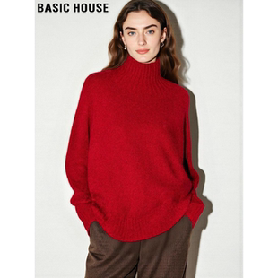 女冬季 百家好新年红高领100%羊毛针织衫 加厚慵懒毛衣 House Basic