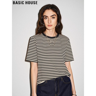 新款 Basic T恤女2026夏季 百家好条纹正肩短袖 通勤圆领上衣 House
