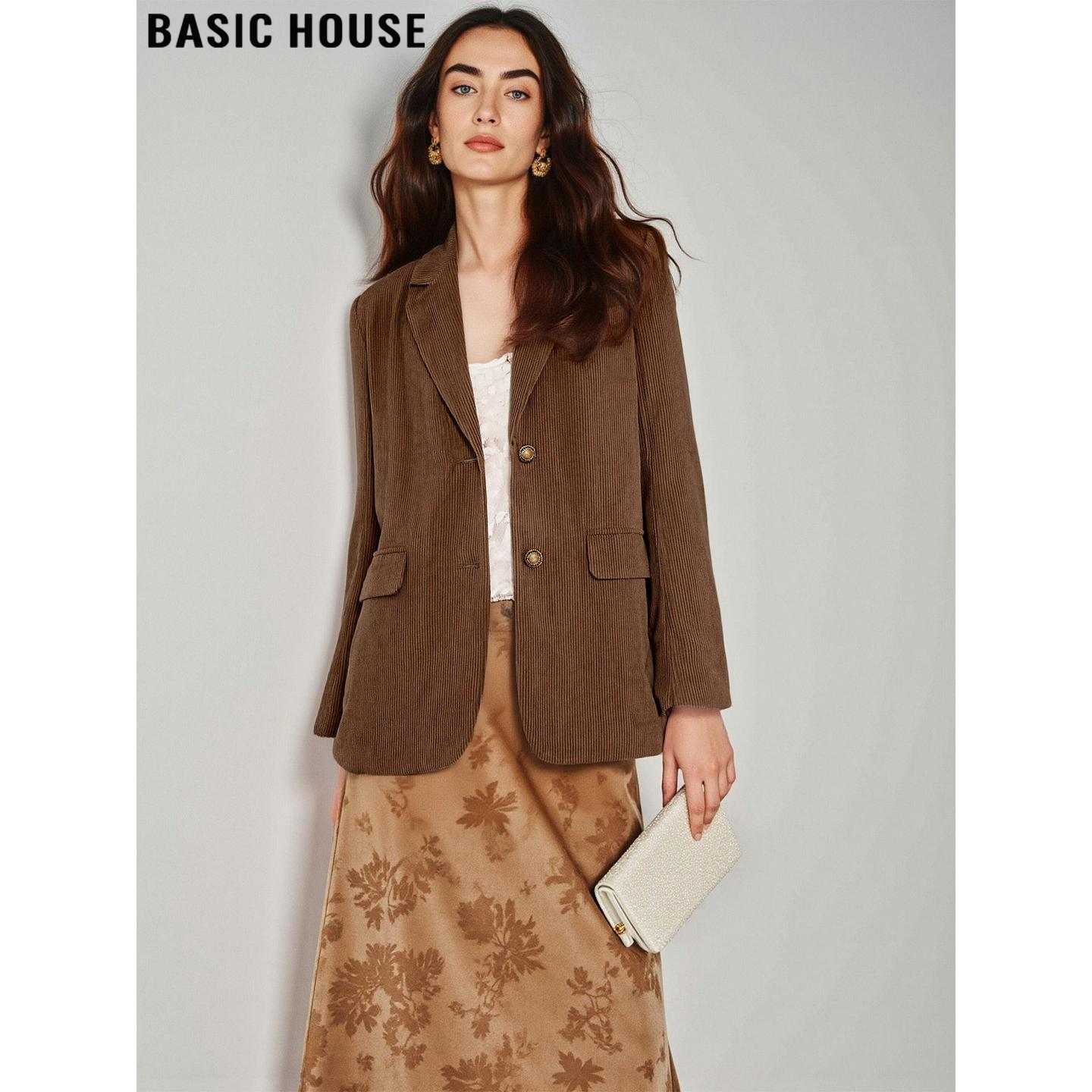 百家好咖色灯芯绒宽松外套西装